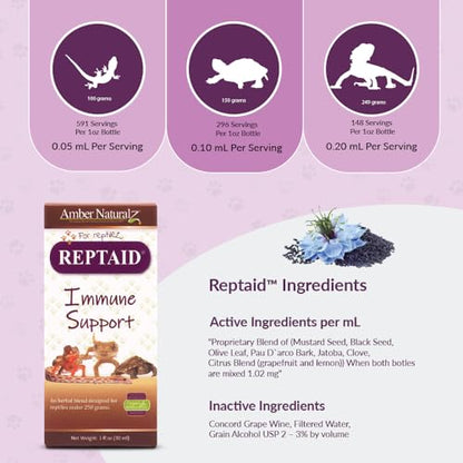 AMBER NATURALZ Reptaid for Reptiles Under 250g, Immune & Respiratory, 1 OZ | Supports immune & upper respiratory function, eye & mouth health, appetite & vitality. Formulated for pets under 250g. - size: 1 oz