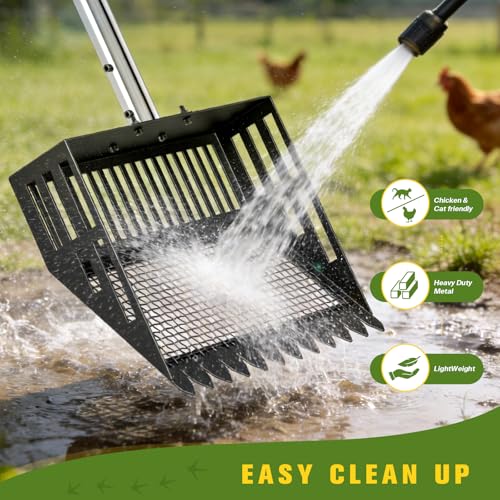 2-in-1 Chicken Poop Scooper & Rake with Ergonomic Non-Slip Handle, Adjustable Stainless Steel Handle (36–63"), Litter Cleaning Tools for Chicken Coop Farm Animals