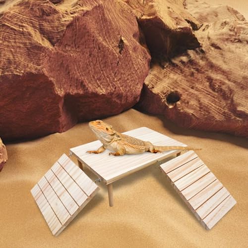 Bearded Dragon Tank Accessories, Wooden Basking Platform with Ramp, Reptile Basking Platform, Reptile Habitat Accessories for Bearded Dragons, Geckos, Snakes