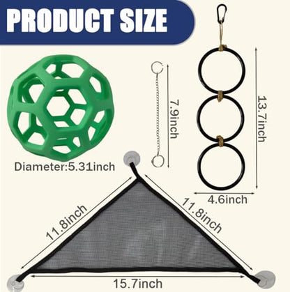 3 PCS Ball Python Tank Accessory, Snake Enrichment Toys, Jungle Gym Ball with Chain, 3 Climbing Rings, Triangle Mesh Hammock with Suction Cups, Complete Habitat Decor for Snakes & Reptiles