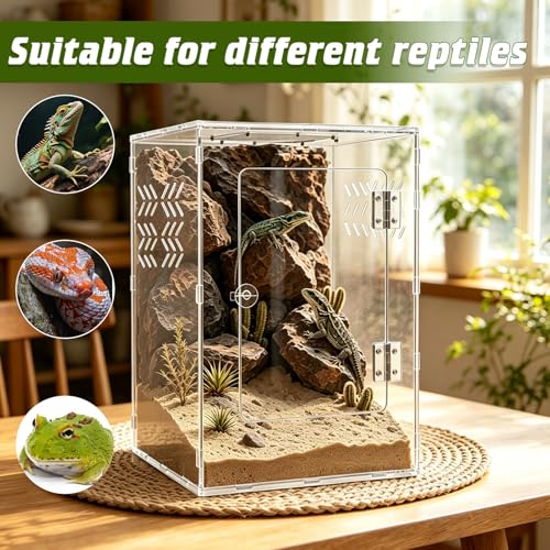 10 Gallon Acrylic Reptile Tank Enclosure,12x12x18 Fully Transparent Reptile Terrarium Acrylic Front Opening with Metal Translucent Mesh Top for Crested Gecko Lizards, Snakes, Chameleon