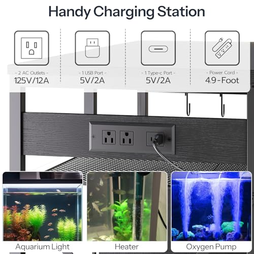 HOOBRO 40-50 Gallon Fish Tank Stand with Power Outlet and LED Light, Metal Frame Aquarium Stand with Cabinet Storage, for Reptile Turtle Tank, 440 LBS Capacity, 36.6'' L x 18.9'' W, Black BB93UDFT01