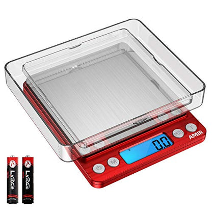 Digital Kitchen Scale, 3000g Pocket Cooking Scale with 0.1g Accuracy, Mini Food Scale, Pro Electronic Jewelry Scale with Back-Lit LCD Display, Tare & PCS Functions (Red, Batteries Included) - color: Red