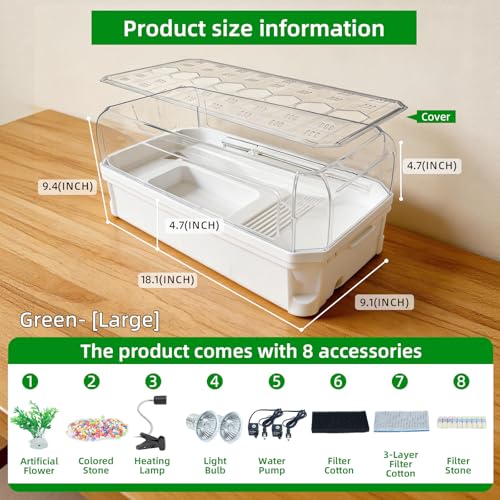 18.1 Inch Turtle Tank Kit with 3-Stage Filter, Basking Platform & Heat Lamp | Turtle Aquarium Habitat for Water Turtles, Enclosure or Hermit Crab Tank, Easy Drain Starter Kit White - color: White, size: 18.1x9.1x9.4 Inch