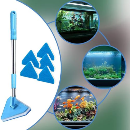Fish Tank Scrubber - Telescopic Handle Cleaner, Long Reach Algae Scraper for Aquarium Glass, Durable Cleaning Tool for Terrarium Pond and Kitchen Surfaces, Adjustable Handle for Easy Maintenance and D