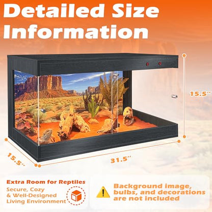 ROYXEN Reptile Tank, 34 Gallons Reptile Enclosure with Lockable Design, Tempered Glass Bearded Dragon Tank for Lizard Habitat, Soild Wood Built-in Sockets (Black, 32"x16"x15.5") - color: Black, size: 32"x16"x15.5"