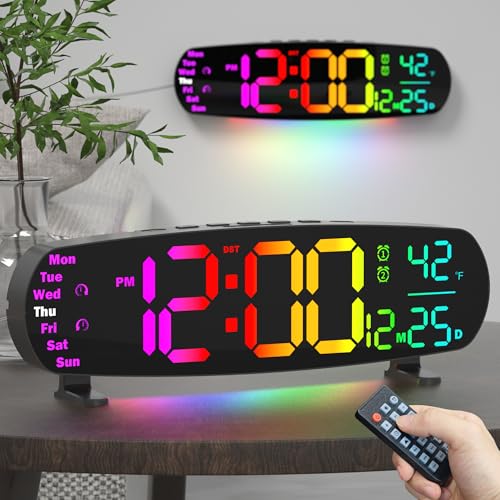 Digital Wall Clock,14.4 Inch Large Display | Auto Dimming, Temperature and Date, Remote Control, Night Light, DST, Alarm， Wall Cock for Bedroom/Classroom/Gym/Seniors - color: Colorful