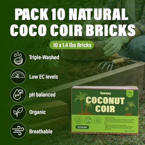 Coconut Coir Bricks, 10 Pack, 14lbs Coco Peat for Plants & Reptiles | Expands to 80 qt, 10 compressed coir bricks, seed starting, potting mix base, soil amendment, low EC, pH balanced - size: 14 Lbs (Pack of 10)