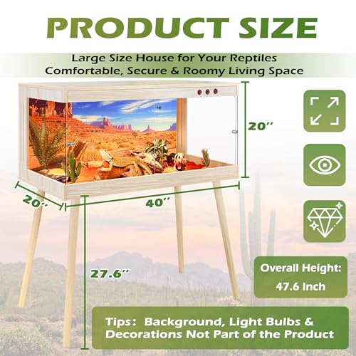 Royxen Bearded Dragon Tank,65 Gallon Reptile Tank with Leg Stand,Built-in Lighting Reptile Enclosure,Tempered Glass Bearded Dragon Encloure for Chameleon(Oak,40"x 20"x 20") - color: Oak, size: 65 Gallons,40"x20"x20"