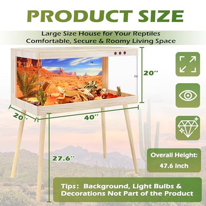 Royxen Bearded Dragon Tank,65 Gallon Reptile Tank with Leg Stand,Built-in Lighting Reptile Enclosure,Tempered Glass Bearded Dragon Encloure for Chameleon(Oak,40"x 20"x 20") - color: Oak, size: 65 Gallons,40"x20"x20"