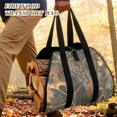 Tree Leaf Camo Print Firewood Log Carrier Tote | Open-Ended Design, Large Capacity, Waterproof Fabric, for Fireplaces, Bonfires and Wilderness Camping - color: Tree Leaf Hunting Camo Print