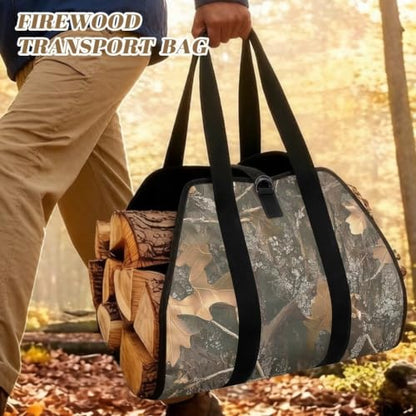 Tree Leaf Camo Print Firewood Log Carrier Tote | Open-Ended Design, Large Capacity, Waterproof Fabric, for Fireplaces, Bonfires and Wilderness Camping - color: Tree Leaf Hunting Camo Print