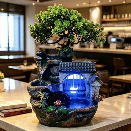 11in Desk Decor Rock Tabletop Water Fountain Indoor Waterfall Gift | Desktop Decoration Feature Humidifier with Pump a& LED Light, Home Office Bedroom Relaxing (No Atomizer)