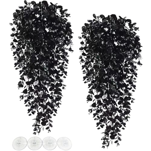 Hamiledyi Reptile Plants, 2 Pack Hanging Terrarium Plants, Artificial Leaves Habitat Decorations with Suction Cup, Fake Amphibian Plants for Bearded Dragon Lizard Hermit Crab Geckos Chameleon(Black) - size: 2 PCS