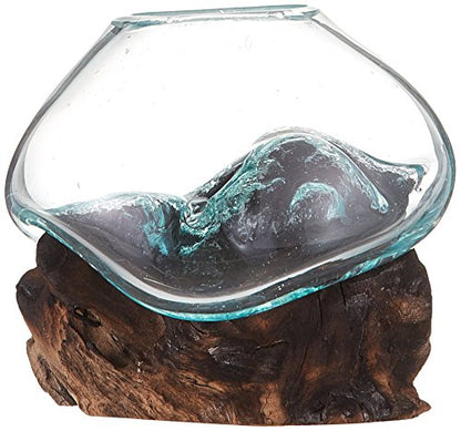 Molten Glass | #650-12 | Molten Glass & Wood Sculpture | Terrarium | Fairy Garden | Approximately 4.5" Wide | Natural Wood and Recycled Glass | - size: Approximately 4.5" Wide
