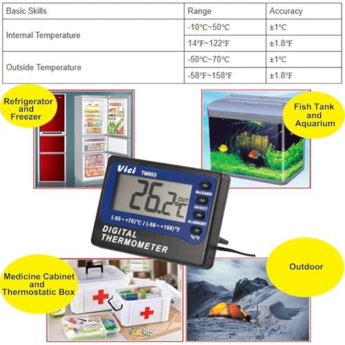 Digital Alarm Thermometer VICI TM803 Temperature Meter for Medicine Cabinets Aquariums Fridge Freezer Refrigerator Celsius(℃) /Fahrenheit(℉) Thermometers