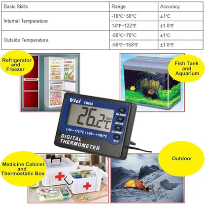 Digital Alarm Thermometer VICI TM803 Temperature Meter for Medicine Cabinets Aquariums Fridge Freezer Refrigerator Celsius(℃) /Fahrenheit(℉) Thermometers