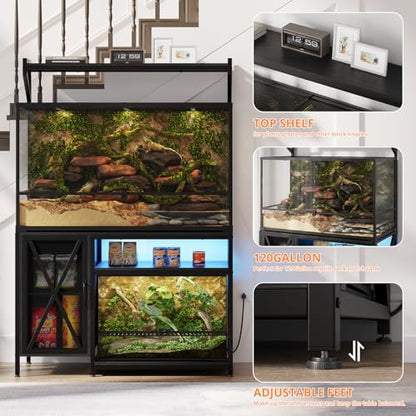 40-120 Gallon Reptile Tank Stand with Power Outlet, 48" X 69" Terrarium Enclosure with Storage Cabinet, Heavy Duty Large Aquarium Stand for Bearded Dragon, Snakes, Lizards