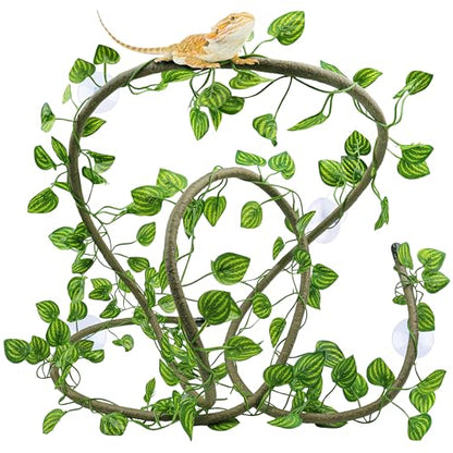 QUOZUO Reptile Tank Accessories, Artificial Plants Vines and Flexible Leaves With Suction Cups, Crested Gecko Tank Long Vines Hide for Climbing, Chameleon, Lizards