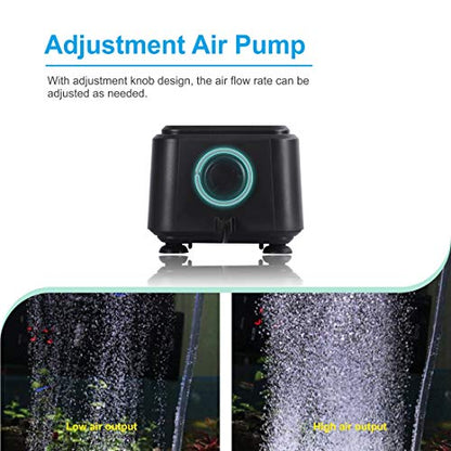 hygger Quiet <30dB Aquarium Air Pump, Adjustable Low Decibel Oxygen Fish Tank Pump 2 Air Outlets Ultra Silent Powerful Aerator Pump with Accessories Max 80GPH/160GPH/255GPH(5W, Up to 150Gallon) - size: 5W, Up to 150Gallon