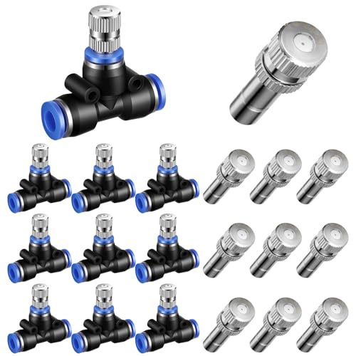 Gisafai 20 Pcs Brass Misting Nozzles Replacement Kit, 0.024"/0.6mm Orifice Mister Heads with 1/4" Water Misting Nozzle Tees Sprayer for Outdoor Cooling System Patio Garden Greenhouse(Two Section) - style: Two Section
