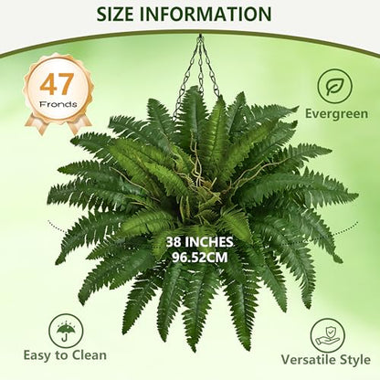 38In Artificial Boston Ferns Bush, Set of 2 Large Faux Ferns Plants, 47 Branches Fake Ferns for Home Living Room Decor, Indoor and Outdoor - size: 2 PCS-38"