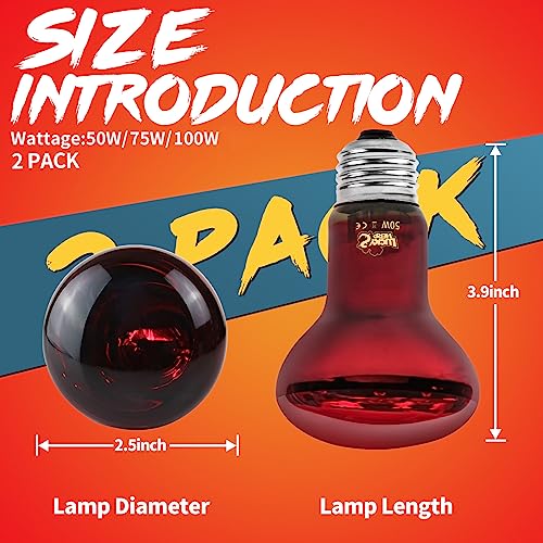 LUCKY HERP Infrared Heat Lamp 50W 2 Pack，Reptile & Amphibian Basking Spot Light Bulbs, Red Heat Lamp Bulbs for Reptiles, Bearded Dragon, Turtle, Lizard, Snake, Chicken - size: 50