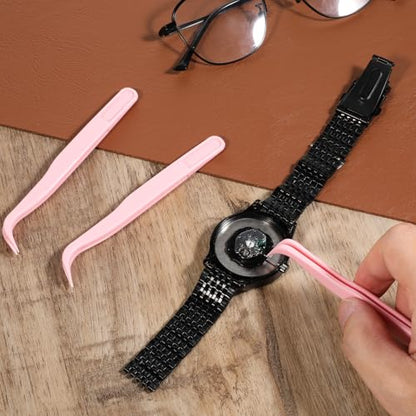 Xelsluthe 12 Pack Plastic Tweezers for Crafts, 4.5 Inch Bent Tweezers for Jewelry Making, Baking Decoration, Reptile Feeding, Bead Bracelets, Pink