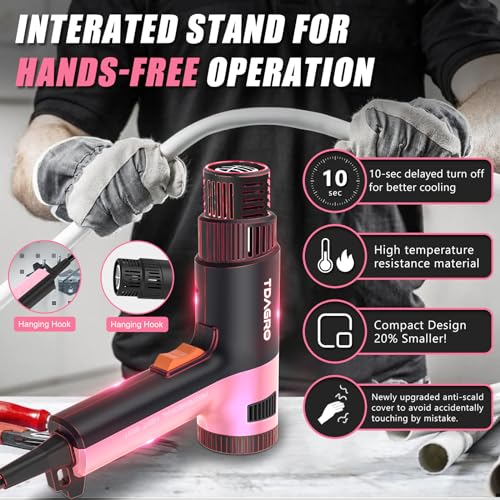 Heat Gun for crafting 1800W, 122℉~1202℉ Variable Temperature Control with 2-Temp Settings 4 Nozzles, 1.5s Fast Heating Mini Heat Gun for Resin, Shrink PVC Tubing/Crafts and Vinyl Wrap（Pink）