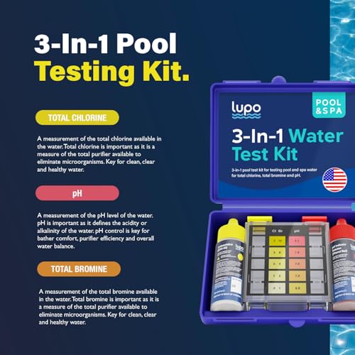 Lupo 3-in-1 Pool Test Kit | Pool Testing Kit for Residential Swimming Pools & Spas for Testing Total Chlorine, Total Bromine & pH | Pool Chemical Test for Quick & Accurate At-Home Pool Water Testing - size: 3-in-1 Test Kit