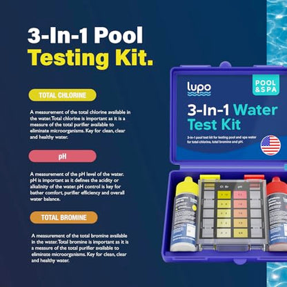 Lupo 3-in-1 Pool Test Kit | Pool Testing Kit for Residential Swimming Pools & Spas for Testing Total Chlorine, Total Bromine & pH | Pool Chemical Test for Quick & Accurate At-Home Pool Water Testing - size: 3-in-1 Test Kit