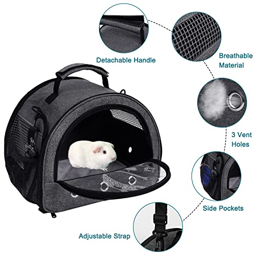 Guinea Pig Carrier with Water Bottle Holder & Washable Liner,Strap | Portable Small Animals Pouch Breathable Outdoor Travel Bag Transparent Window for Hamster,Gerbil, Bearded Dragon,Hedgehog - color: Grey-Small