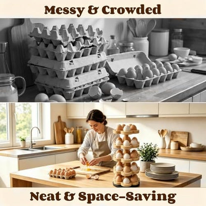 360° Rotating Wooden Egg Holder for 30 Eggs (Wood) | petal-shaped tray, 5 tiers, 6 egg slots per layer, solid wood, farmhouse countertop organizer, for kitchen and Easter display - color: Wood