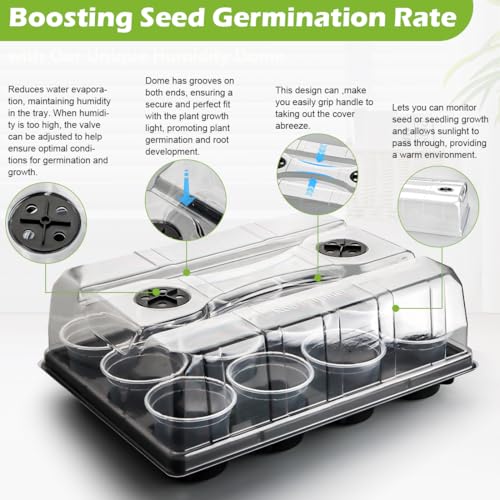 RooTrimmer 5 Pack 12 Cell Nursery Pot Trays with Adjustable Humidity Domes & 4 Inch Clear Pots 60 Pack, Sturdy Seed Starting Kit for Greenhouse Garden, Reusable Plant Growing Germination 5 Sets - color: Black + Clear, size: 4 Inch 60 Pack Pots With 5 Pack