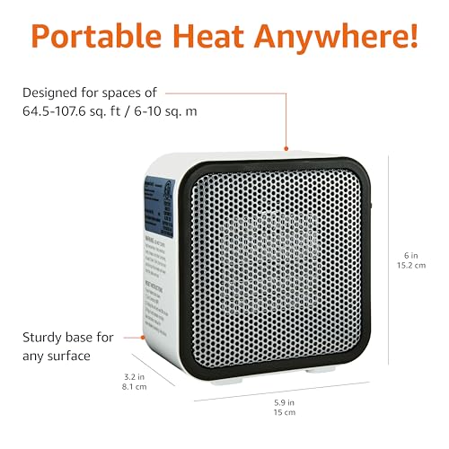 Amazon Basics Ceramic Space Heater, Portable Mini Heater for Office Desk, 500W, With Tip-Over Protection, Lightweight 1.4 lbs, White, 5.9"D x 3.2"W x 6"H - size: 5.9 x 3.2 x 6 inches