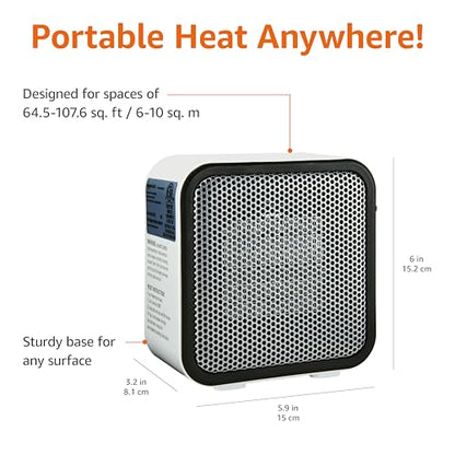 Amazon Basics Ceramic Space Heater, Portable Mini Heater for Office Desk, 500W, With Tip-Over Protection, Lightweight 1.4 lbs, White, 5.9"D x 3.2"W x 6"H - size: 5.9 x 3.2 x 6 inches