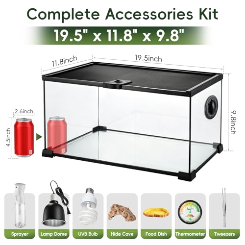 10 Gallon Reptile Terrarium Glass Kit 20" x 12" x 10" Starter Habitat for Tarantula, Succulents, Frogs, Gecko, Snake or Hermit Crabs, Tank with Escape-Proof Locking Lid - size: 10 gallon