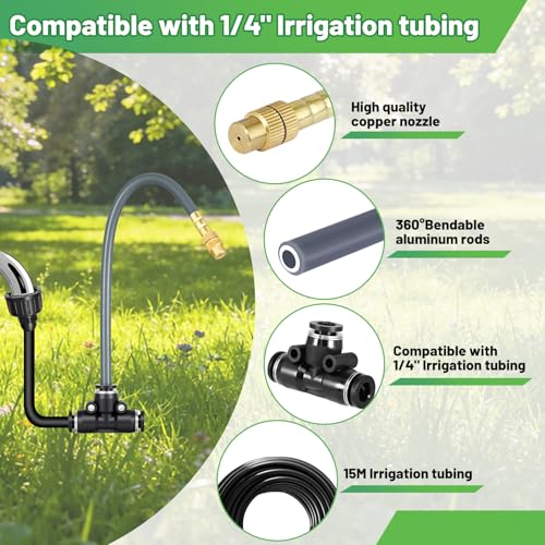 49.2Ft 1/4" Drip Irrigation System 360° Watering Misting System | Garden Bendable Watering Atomizing System with 12 Nozzles for 1/4 inch Irrigation Tubing(Include 49.2Ft 1/4" Tubing) - size: 49.2FT 1/4" Tubing
