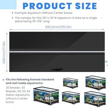 Sieral Aquarium Lids Polycarbonate Canopy with LED Light 35.13 x 17.13 x 0.12 Inch for 50/65/84 Gallon Without Center Brace Aquariums Cover Fish Tank Lid with a Hook Knife, Black - color: Black, size: 36x18in