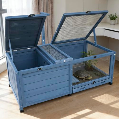 Wooden Tortoise House Indoor Large Tortoise Habitat Reptile Cage with Tray, Snake Turtle Box Reptile Terrarium Bunny Hutch for Small Animals, Blue