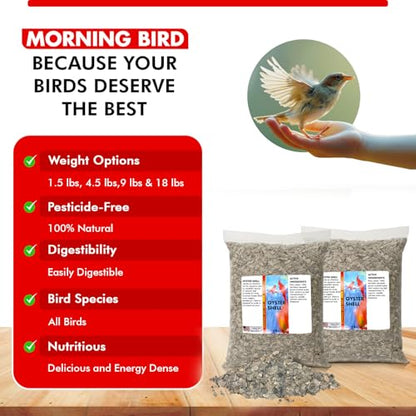 Morning Bird Oyster Shell 18 lb - Natural Calcium Supplement for Birds | Natural Calcium Bird Supplement – Sustainably Harvested from California Coastal Waters – Safe Year Round Bird Food Additive - size: 18 lbs (2-Pack of 9 lbs)