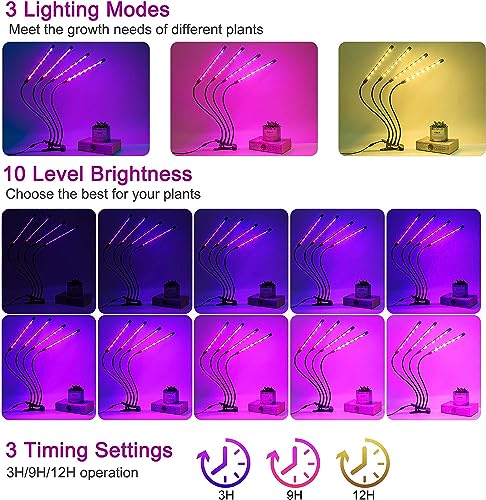 LEOTER Grow Light for Indoor Plants - Upgraded Version 80 LED Lamps with Full Spectrum & Red Blue Spectrum, 3/9/12H Timer, 10 Dimmable Level, Adjustable Gooseneck,3 Switch Modes - size: 4 heads 1 pack