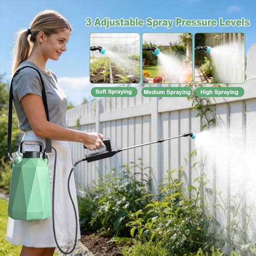 1.35 Gallon Battery Powered Sprayer, Electric Garden Sprayer with 3 Adjustable Pressures, Battery Indicator, Telescopic Wand, 4 Nozzles, Rechargeable Automatic Pump Sprayer for Lawn, Weed, Yard Care - color: Green