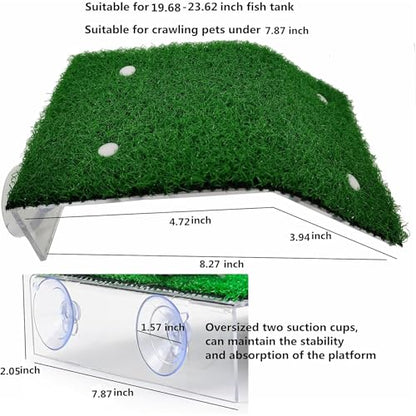Turtle Basking Platform with Artificial Grass, Large Acrylic Turtle Dock and Ramp for Aquatic Turtles, Frogs, and Reptiles, Aquarium Terrace Accessory, Floating Turtle basking Platform