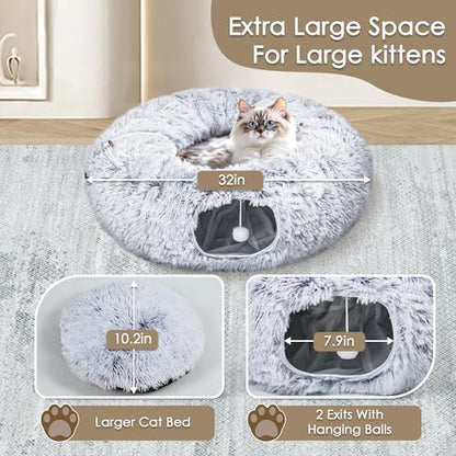 Baseola Fuzzy Cat Tunnel Bed for Indoor Cats, 2-in-1 Interactive Cat Toys | Peekaboo Cat Cave with Washable Mat, Collapsible Cat Play Tunnel for Kittens & Small Pets, Plush Cat Donut Bed Tunnel, Grey - color: Grey