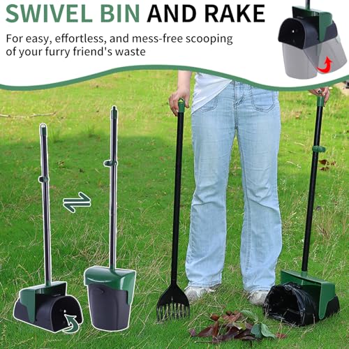 ienjoyed Pooper Scooper Large Swivel Bin & Rake with 160 Waste Bags,Heavy Duty Dog Pooper Scooper with Bag Attachment for Dogs, Long Handle Poop Scooper with Lid for Yard, Grass, Gravel(Dark Green) - color: Dark Green