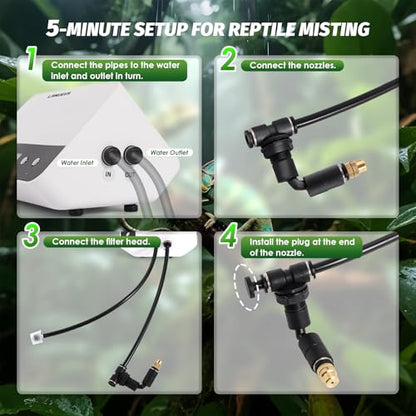 LANUEVA Timing Reptile Smart Mister for Tank with Nozzles 360°Adjustable | Reptile Misting System with 3 Single Nozzles & Double Nozzle 360°Adjustable, for Lizard, Chameleon, Plants, Terrarium