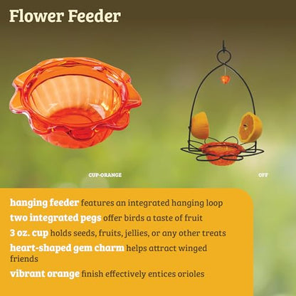 Birds Choice Flower-Shaped Oriole Feeder for Jelly & Oranges | 3oz, Orange | Removable Cup and Fruit Pegs with Heart Ornament, Sturdy for Garden and Backyard, Orange Finish - style: Flower