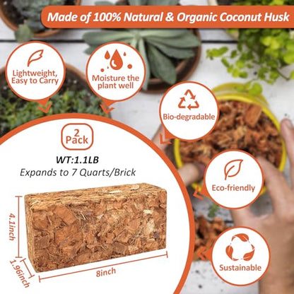 Riare 2 Pack Organic Coco Coir Chips for Plants, 2.2 lb Coconut Husk Bricks | Low EC & pH-Balanced Coco Husk Substrate with Drainage & Aeration, High-Expansion Mulch for Landscaping, Orchids & Soil Mix - size: 2 Pack