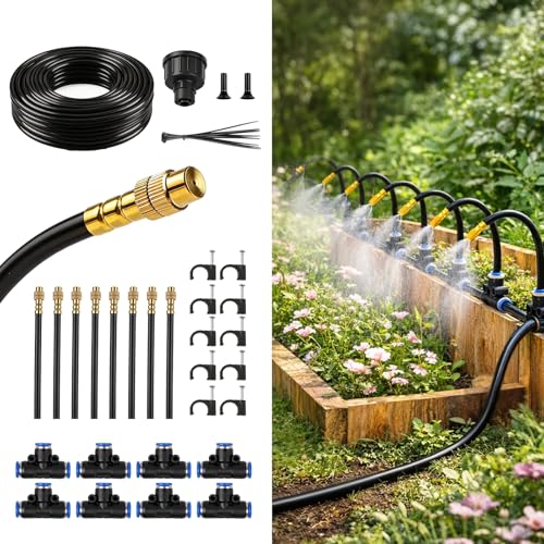 50FT Drip Irrigation Kit, 360° Adjustable Garden Watering System with 1/4" Tubing, Brass Misting Nozzles, DIY Irrigation System for Plants, Raised Beds, Greenhouse - size: 50FT